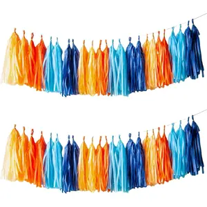 Blue and Orange Tassel Garland,Tissue Tassel Banner for Party Decorations,Pack of 20