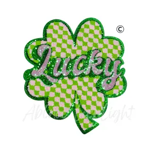 Lucky Checkered Clover St Patricks Day Sequin Chenille Patch - Large