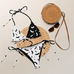 Seeing Double Split Bats String Bikini Top, Triangle Halter Top and Tie Side Bottoms Pastel Beach Outfit, Gift for Anime Lovers, Gift for Women