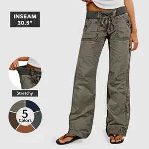 Flamingals Solid Seam Detail Drawstring Mid Rise Straight Leg Pants High Stretch Fabric Women's Wear Minimalist Fit Basic Style Multiple Colors