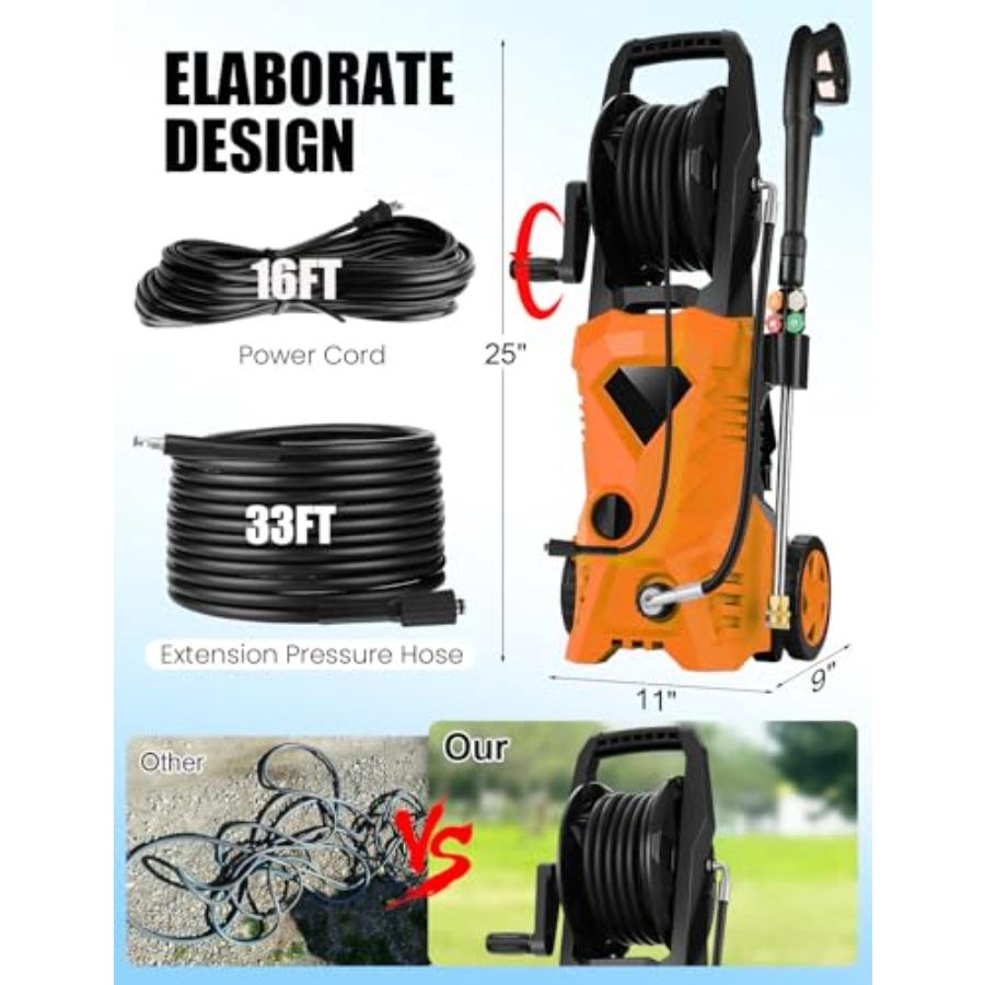 5000PSI Electric Pressure Washer - 2025 New Power Washer with Upgraded 33ft Pressure Washer Hose Reel Foam Cannon 4 Nozzle Set