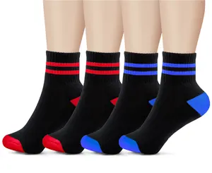 Mini Crew Socks for Women Soft Comfort Terrycloth Bottom Cute Striped Retro Athletic Quarter Calf Gym Socks (4-Pack) Comfy Cotton Black With Red and Blue stripe