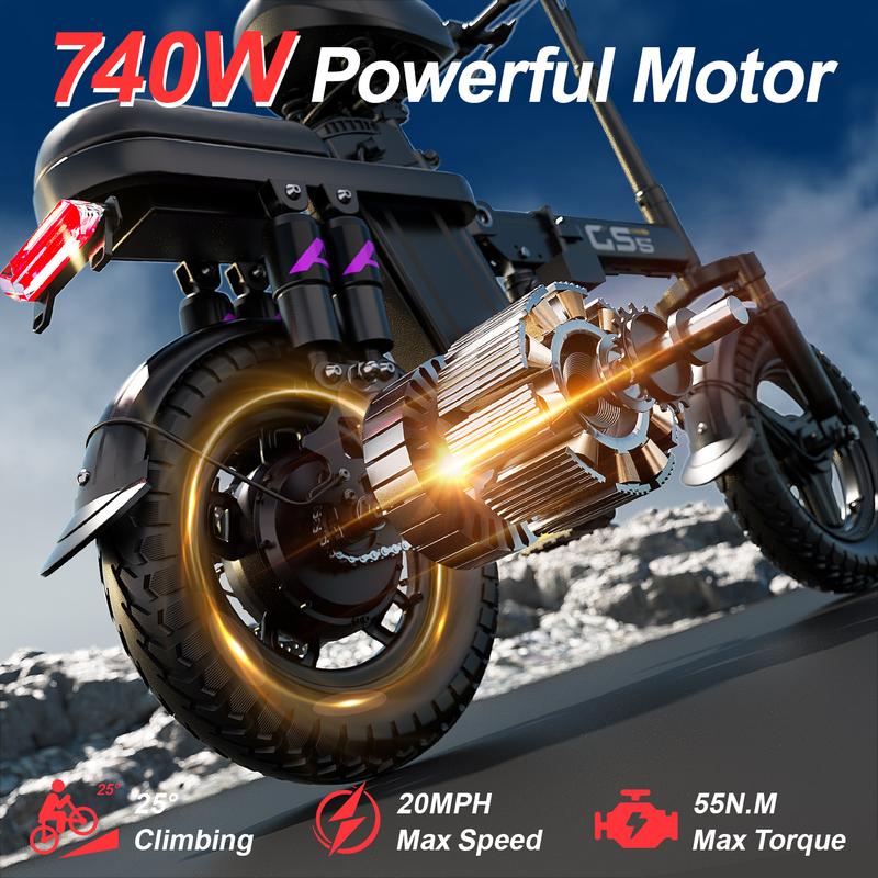 【VoltX】740W Lightweight Double Motor Electric Bike for Adults,20MPH,48V15A Removable Battery,40-45Miles Range,11 shock absorption,Dual-seat design Foldable Double-Suspension  14" Fat Tires 300 Lbs Load for Commuting & All-Terrain Riding，Free accessories