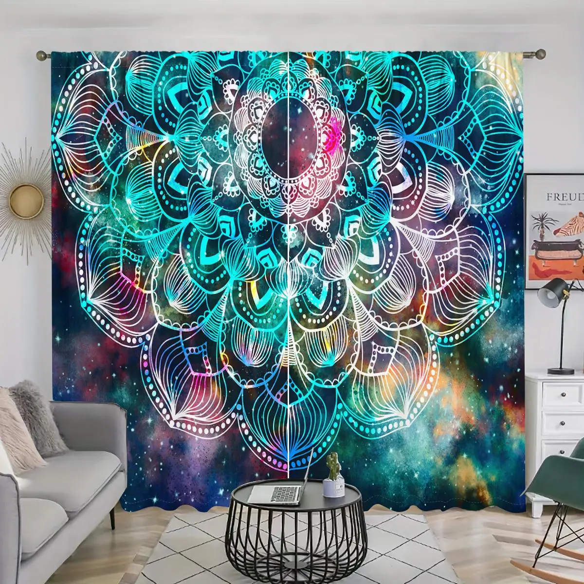 Mandala Pattern Curtain, 2 Counts/set Bohemian Style Door Curtain, Home Decorative Curtain for Living Room Bedroom Study Room Kitchen