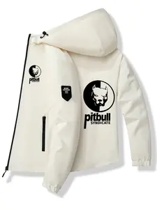 Men's Fashionable Pitbull Logo Jacket, Stylish Zipper Pockets, Casual Hooded Design, Spring & Fall Wear, Slim-Fitting Bomber Coat
