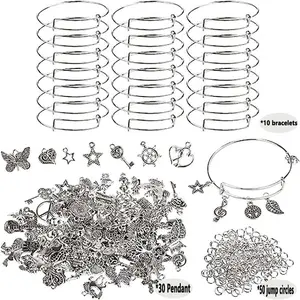 DIY Jewelry Making Kit, 90pcs/set Blank Bangle & Adjustable Bangle & Random Pendant & Ring Pendant, Jewelry Making Supplies for Women & Teenager, DIY Beading Accessories