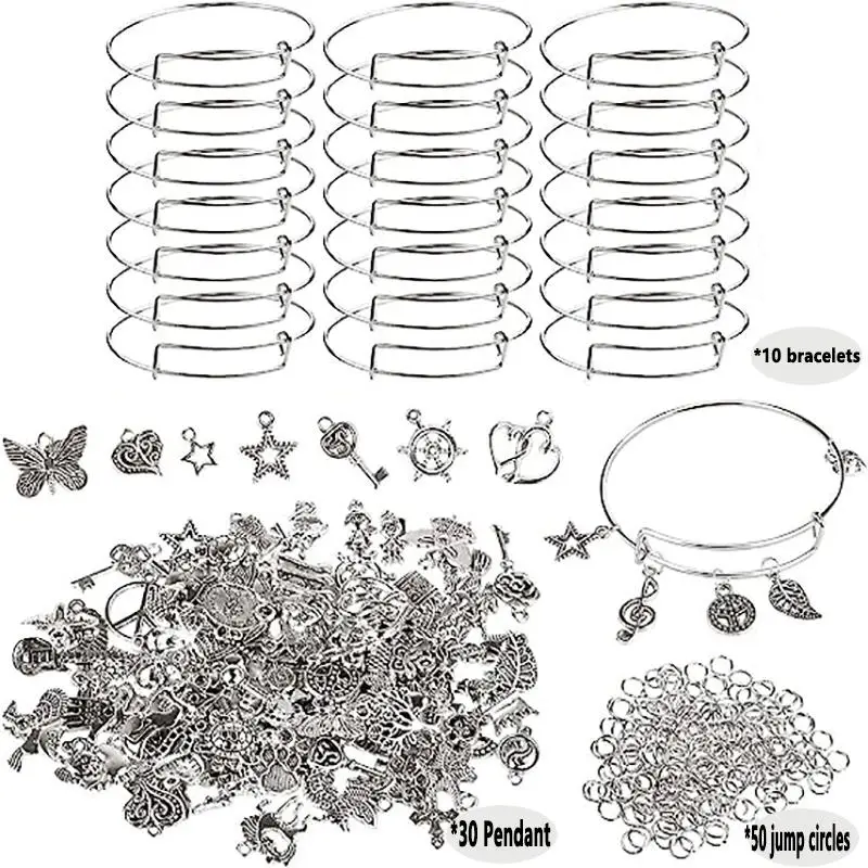 DIY Jewelry Making Kit, 90pcs/set Blank Bangle & Adjustable Bangle & Random Pendant & Ring Pendant, Jewelry Making Supplies for Women & Teenager