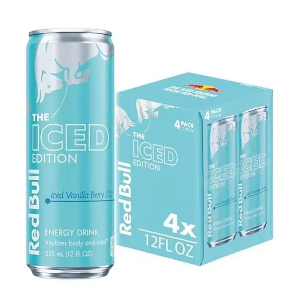 Red Bull Iced Vanilla Berry Energy Drink, with 114mg Caffeine plus Taurine & B Vitamins, 12 Fl Oz, Pack of 4 Cans | contains caffeine, taurine, B-vitamins, sugar, and water, 12 fl oz, pack of 4 cans