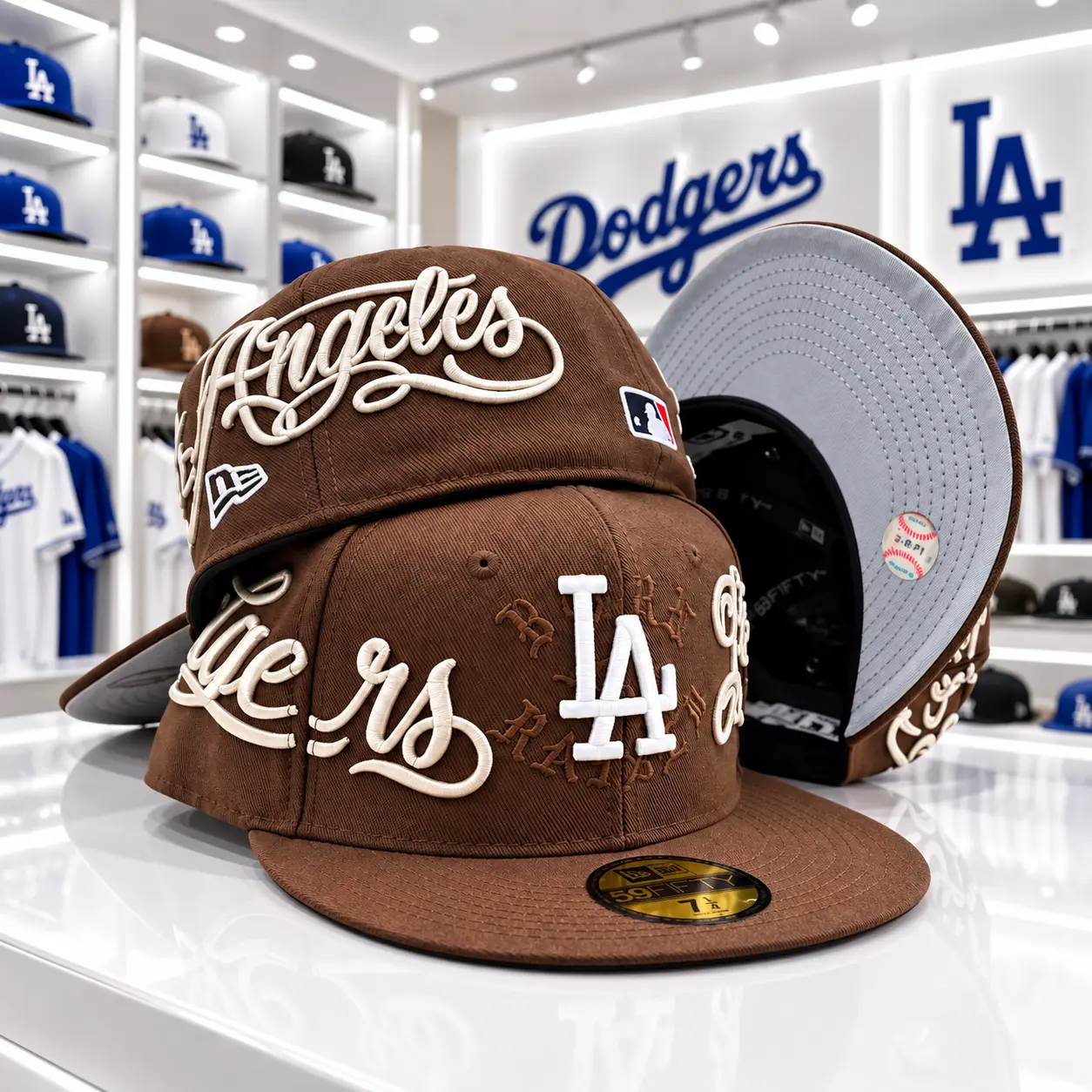 Los Angeles Brown 59FIFTY Fitted Hat – All Over Embroidered LA Logo Cream Script Flat Brim Baseball Streetwear Cap