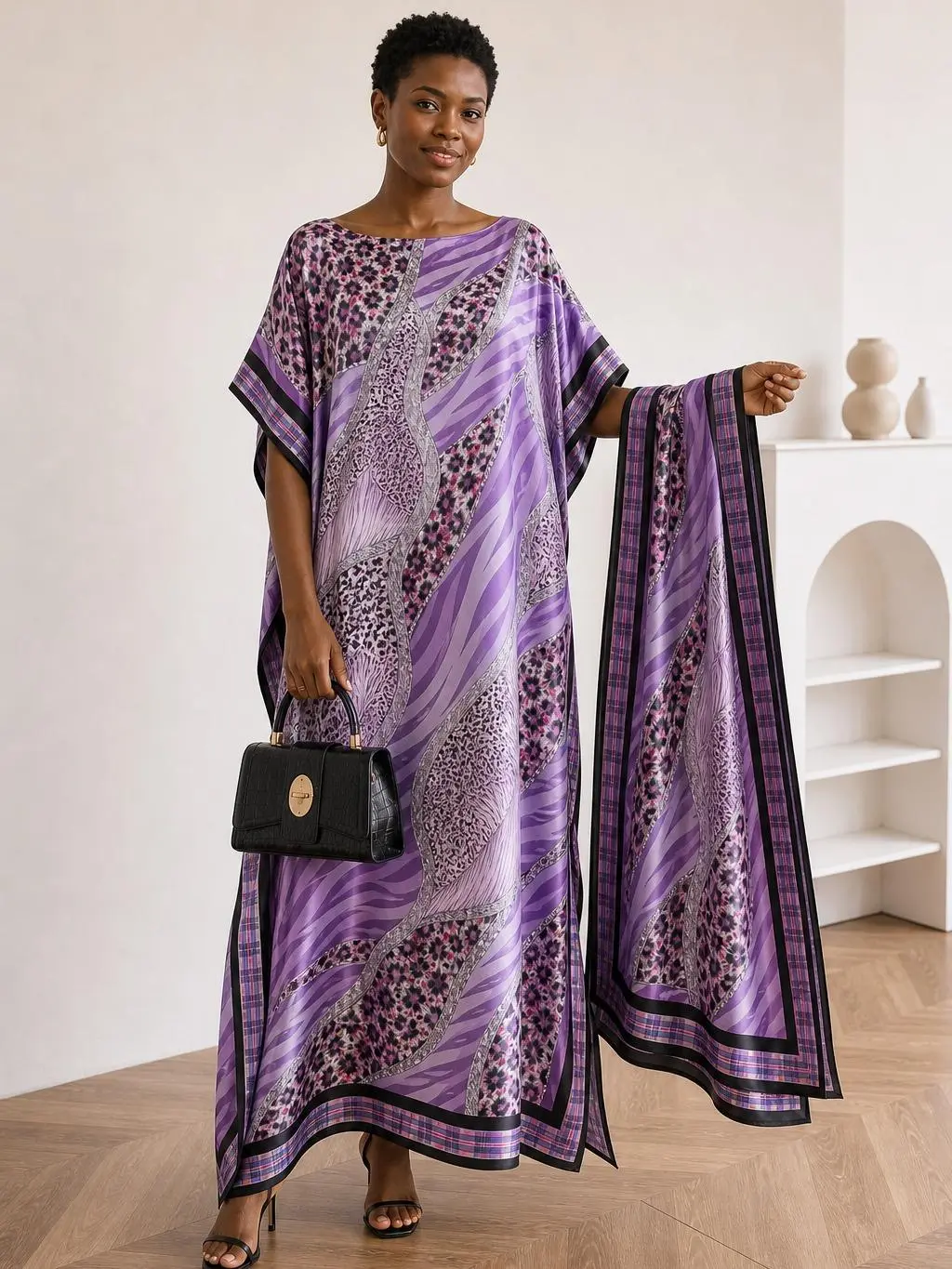 Women's 2-Pieces Caftan Dress Set with Matching Scarf - Bold Modern Animal Print, Loose Casual Fabric, Beach Cover Up, Pool Party Outfit, Sleeveless Long Robe Moomoo Dress