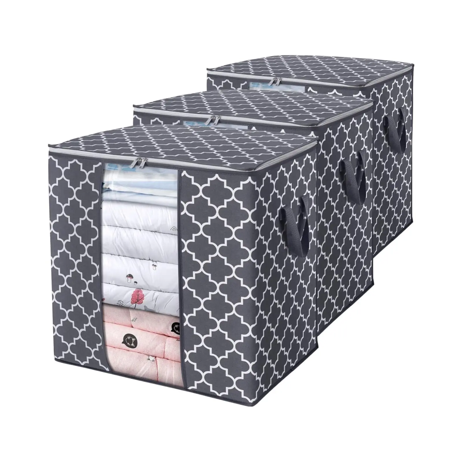 100L Large Storage Bags 3 Pack – Foldable Clothes & Blanket Storage Containers with Reinforced Handles, Clear Window & Heavy Duty Zippers for Comforters, Bedding, Seasonal Clothing, Closet Organization & Home Storage