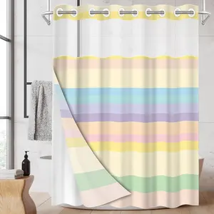 1pcHookless shower curtain with buckle lining, macaron striped patchwork design2D Flat PrintingWaterproof fabric-lined shower curtain with see-through window, double-layered shower curtain.71 x 74Inches, Modern Home Curtain Decor, Modern Bathroom Decor