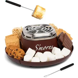 Tabletop Indoor Electric S’mores Maker, Brown Smores Kit with Marshmallow Roasting Sticks and 4 Trays for Graham Crackers, Chocolate, Marshmallows, Movie Night and Family Dessert Fun