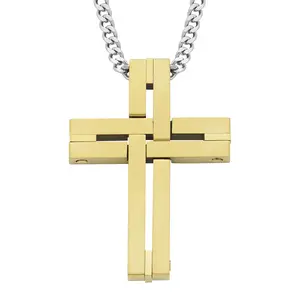 Woven Cross Pendant in IP Yellow Stainless Steel with 24" Curb Chain