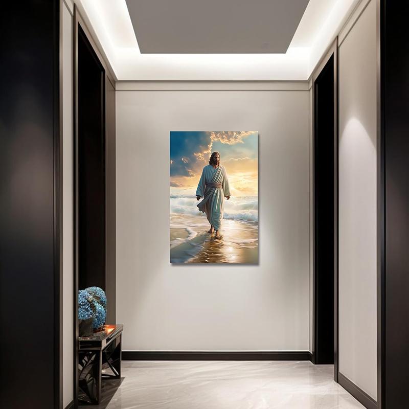 Jesus Picture on Canvas Jesus Walking on the Beach Canvas Picture God Poster Catholic Work of Art for Spiritual Space Wall Decoration Framed (3, 30 x 45 cm)