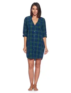 Ashford & Brooks Women's Woven Plaid Long Sleeve Button Down Sleep Shirt Nightshirt, Green Blackwatch, XL