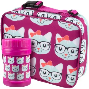 Bentology Kitty Cat Insulated Lunchbox Kit w Matching Reusable Thermos Food Jar - Kids Thermal Lunch Bag w Clip on Handle- Easy to Clean Water-Resistant- Mini Cooler Tote- Back to School