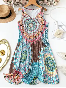 Plus Size Women's All over Print Sleeveless Vest Dress, Basic Tank Dress, Perfect for Vacation and Home Use, Comfortable and Stylish, Casual wear