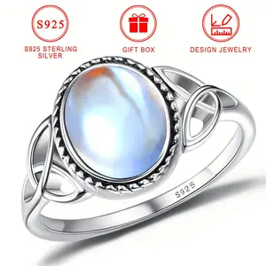 Elegant 925 Sterling Silvery Moonstone Ring - Celtic Victorian Style with Rainbow Oval Gemstone, Perfect for Daily Wear & Gifting, Includes Gift Box, 925 Silvery, Moonstone Ring, Celtic Victoria Style, Rainbow Moonstone, Gift Box