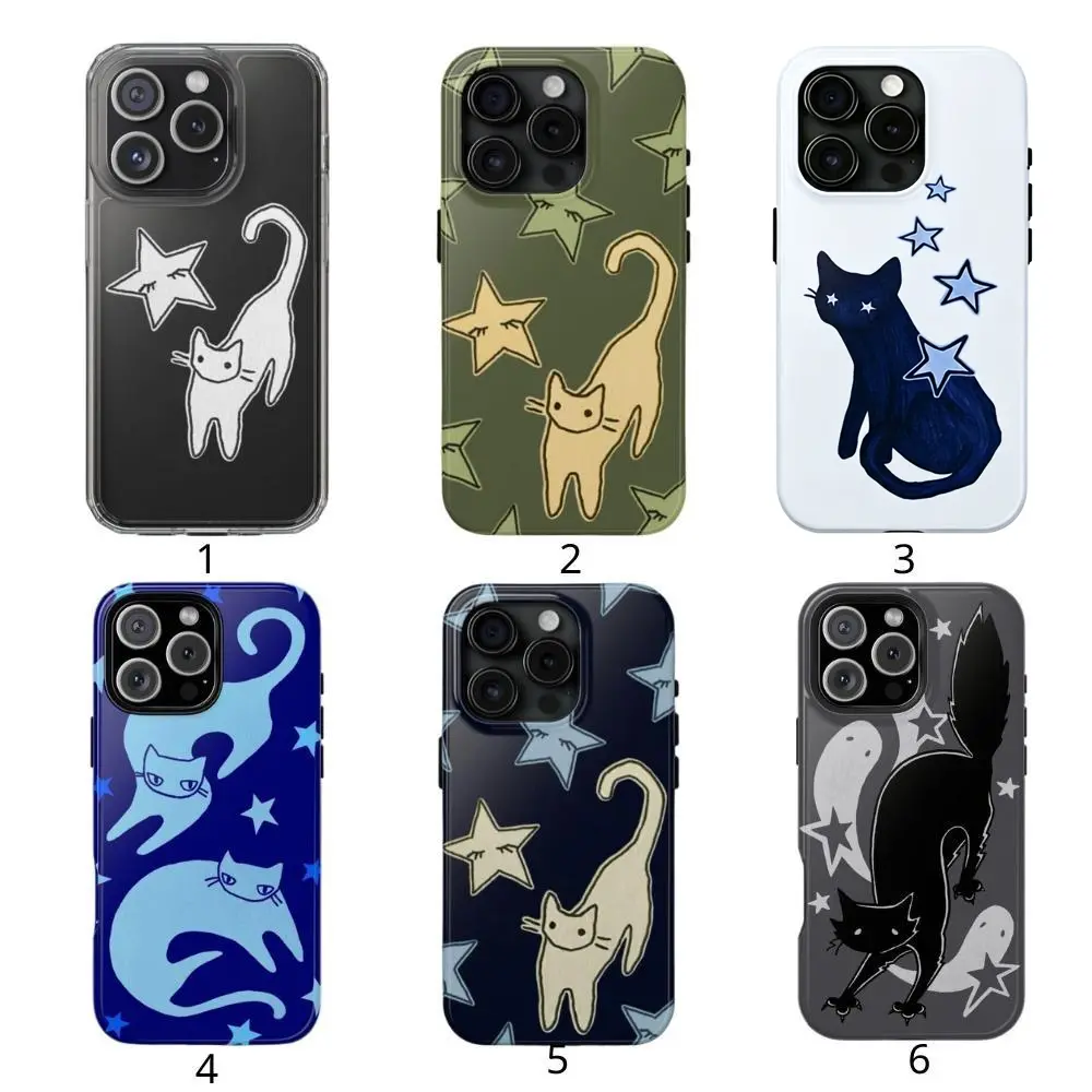 Cat and Star Hand-Drawn Cute Phone Case for iPhone 17 16 15 14 13 12 11 Pro , Pro Max , Plus & Samsung S23 S24 S25 S26 Ultra, Unique Gift Option