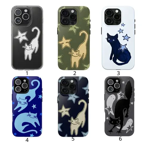 Cat and Star Hand-Drawn Cute Phone Case for iPhone 18 17 16 15 14 13 12 11 Pro , Pro Max , Plus & Samsung S23 S24 S25 S26 Ultra, Unique Gift Option, SohoChic