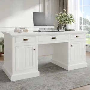 AMERLIFE 68" Executive Desk for Home Office & Study, Fluted Panel Computer Table with 3 Drawers and 2 Cabinets, Farmhouse Writing Desk – Pure White