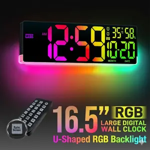 16.5" Large Digital Wall Clock with RGB U-Shaped Backlight, 13 Lighting Modes, Dual Alarms, Auto DST, Temperature & Humidity for Game Room, Office, Bedroom & Classroom (No Bluetooth)