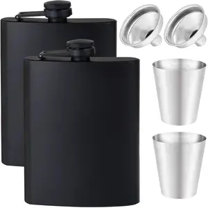 12OZ+8Oz Matte Black Stainless Steel Leakproof Hip Flasks for Liquor with Funnel and Mini Wine Glasses, Great Gift for Men Women for Outdoor Activities Wedding Party