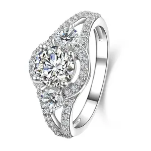 3-Stone Round Halo Sterling Silver CZ Engagement Wedding Ring Size 3-12 ENG029