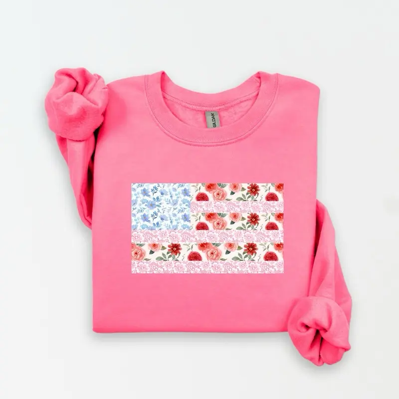 American Flag Patchwork Design Crewneck Pink or gray  Sweatshirt with Floral Patterned Flag Design