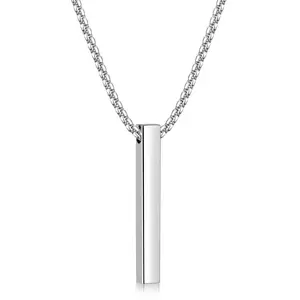 Stainless Steel Bar Pendant Necklace for Men Silver Tone Mens Pendant Necklaces with 2.5 mm Box Chain 16-24 Inches