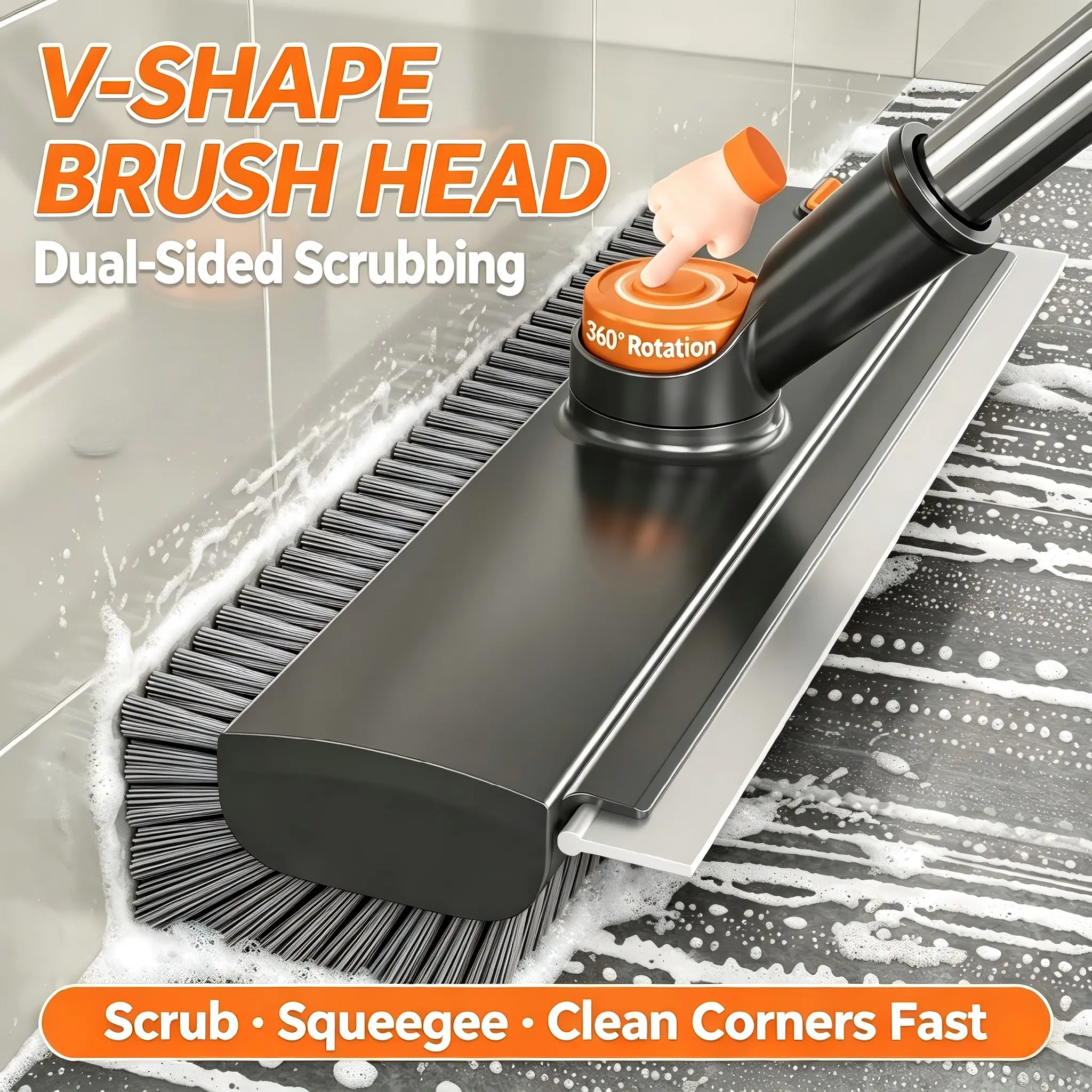 3 in 1 Floor Scrub Brush,Floor Scrubber with Squeegee and Tweezer, Push Broom with Long Handle,Heavy-Duty Stiff 90° Bristle Broom for Patio,Shower, Garage,Deck,Tile, Concrete & Wood Surface
