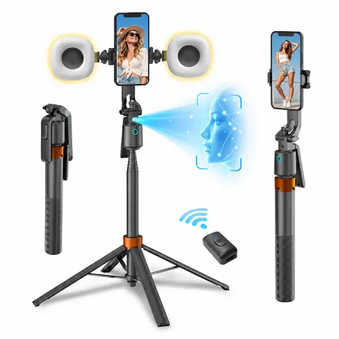 70.9 in Metal Selfie Stick Tripod Vlogging Kit - 360-Rotatable Auto Face Tracking, Rechargeable Smart, 2 Fill Lights, Remote, Phone Holder, Cellphone Accessories Compatible for Vlog, Live Streaming