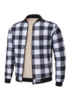 Men's Black & White Checkered Zip-Up Jacket with Contrast Black Trim Casual Classic Style Plaid Pattern
