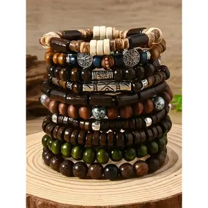 Boho Wooden Bead Bracelet Set – Stackable Vintage Couples' Gift, Unisex Fashion Accessories for Men & Women