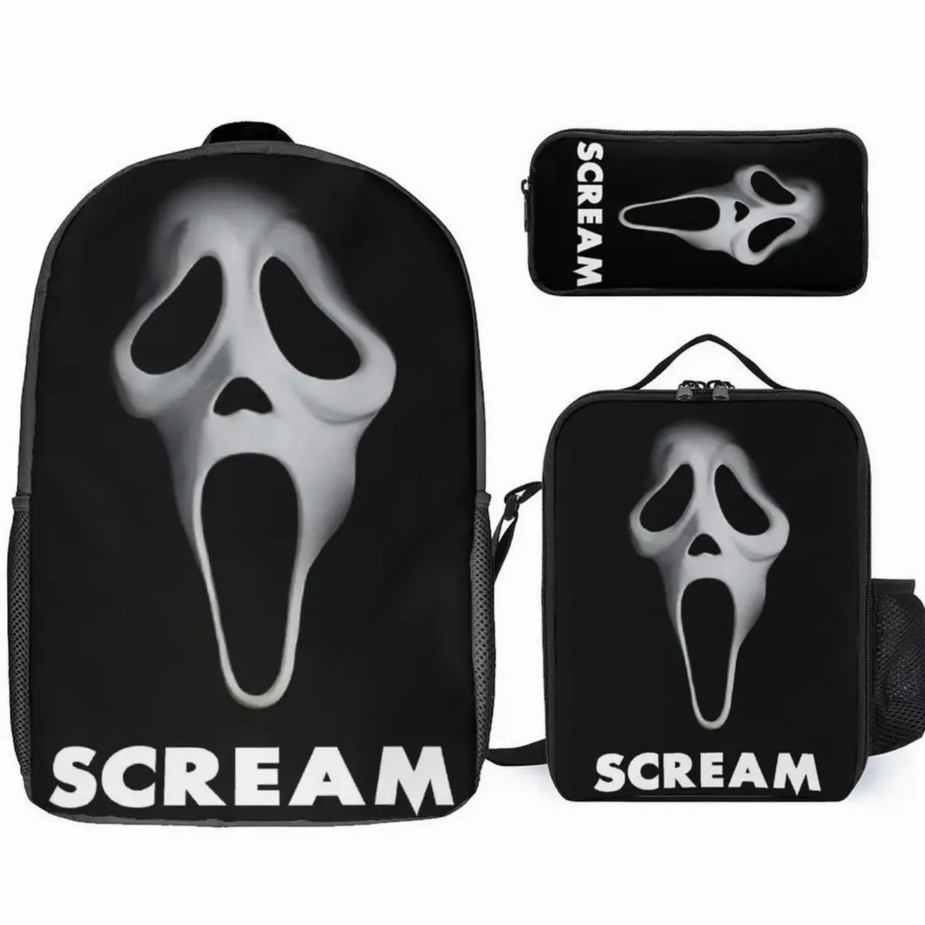 Horror Scream Ghost Mask Student Backpack Set | 3Pcs Schoolbag Insulated Lunch Bag Pencil Case | Halloween Gift for Teens Adults
