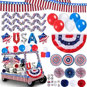 4th of July Decorations - 106 Pcs USA Patriotic Golf Cart Parade Float Wagon Banner Balloons Paper Fan Flag Garland Streamers Pom Poms Red White Blue Party Supplies Decor for Independence Day