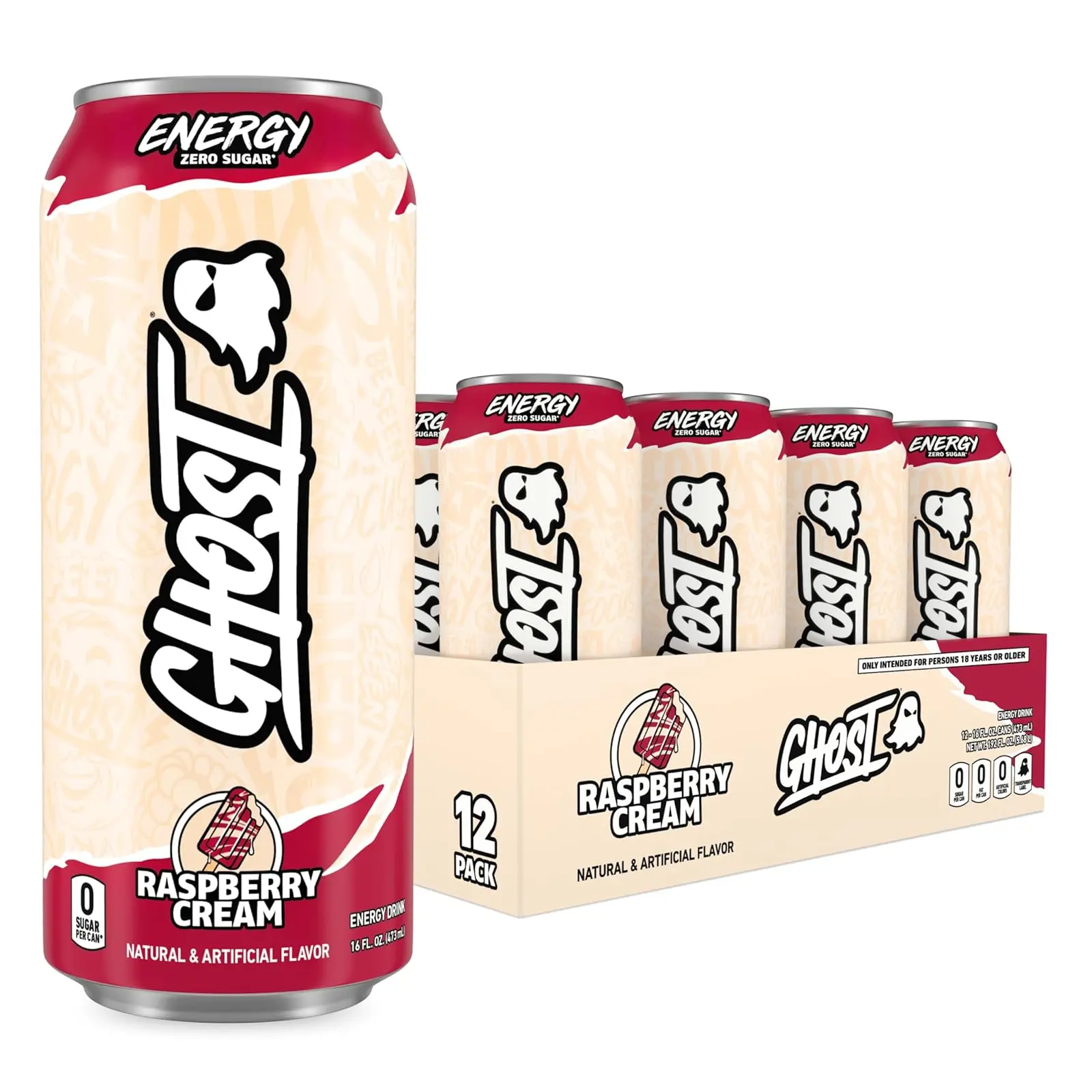 GHOST Energy Drink - 12-Pack, Raspberry Cream, 16oz Cans - Energy & Focus & No Artificial Colors - 200mg of Natural Caffeine, L-Carnitine & Taurine - Gluten-Free & Vegan