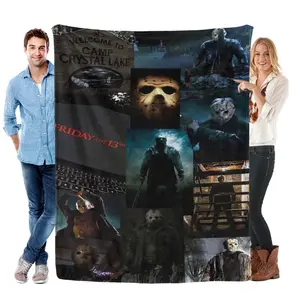 Friday the 13th Jason Collage Christmas & Valentine’s Day Gift Flannel Blanket Edgy Collage of Jason Voorhees Camp Crystal Lake Themes Iconic Mask Shots Soft Striking Present for Horror Fans