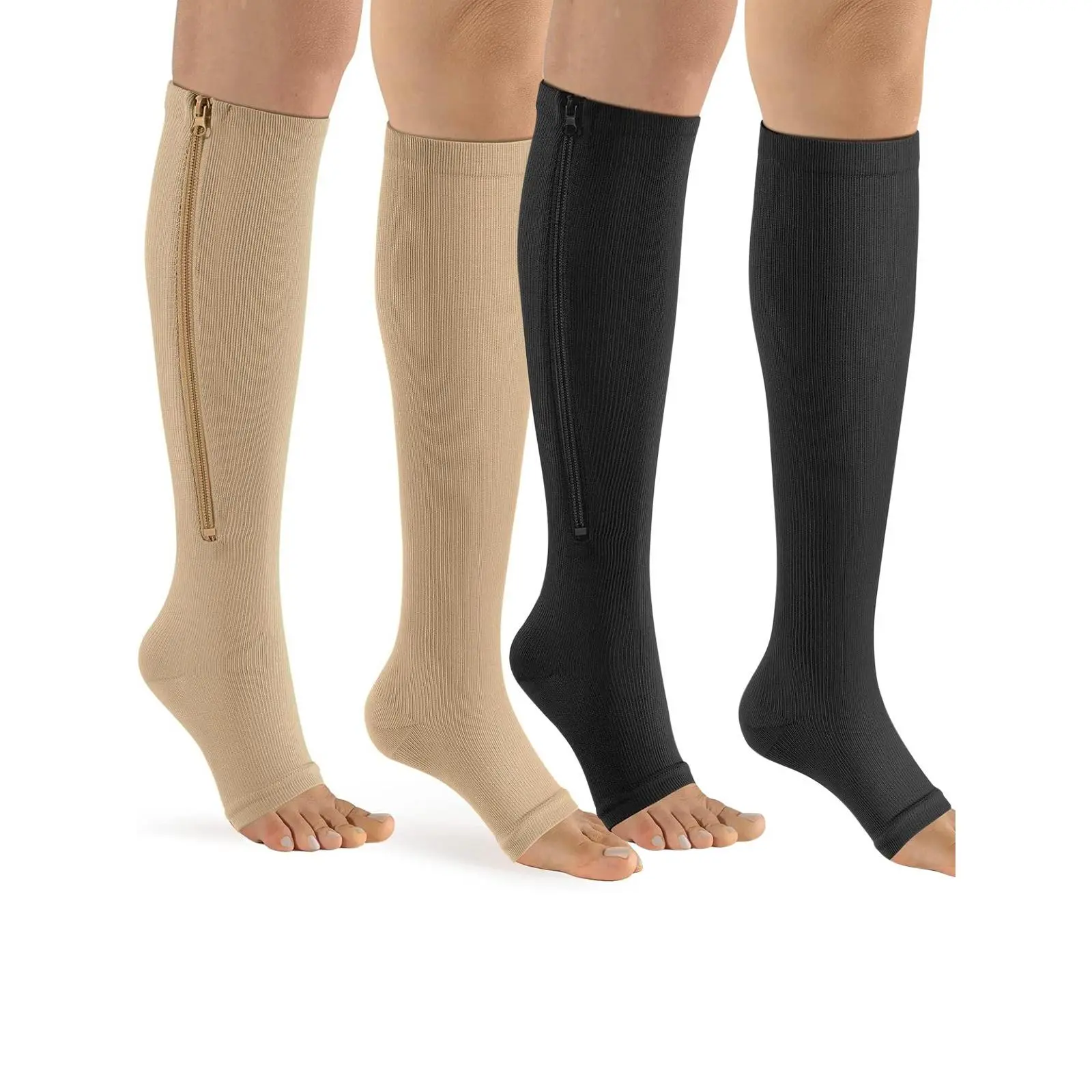 Men's & Women's 3 Pairs Breathable Nylon Knee-High Open-Toe Zipper Compression Socks, 20-30mmHg Graduated Support Stockings for Athletic Running, Breathable Compression Socks
