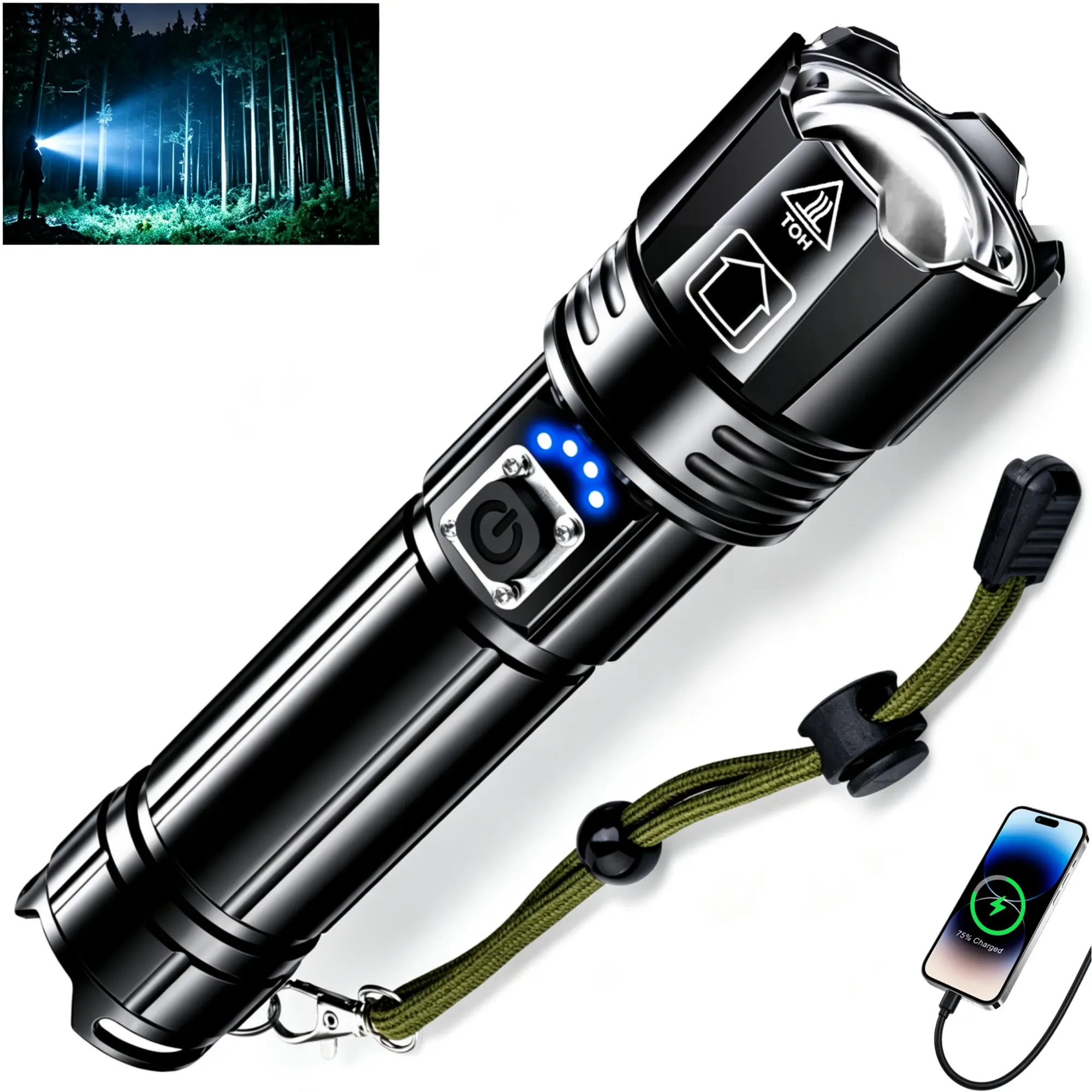 AKNEAR 99,000 Lumens Rechargeable LED Flashlight, 5000mAh Power Bank, Zoomable Aluminum Spotlight, IPX7 Waterproof, 12 Lighting Modes, Digital Display for Camping, Hiking & Emergencies