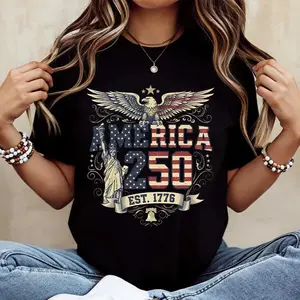 America 250 Eagle And Statue Of Liberty Print T Shirt Crew Neck Casual Patriotic Celebration Wear Casual Daily Wear Tee For Men & Women, Apparel Made In The USA