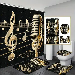 Music Note & Microphone Pattern Shower Curtain Set,  2/4 Counts/set Including Shower Curtain & Toilet Mat & Toilet Lid Cover & U-shaped Mat, Bathroom Decoration Supplies