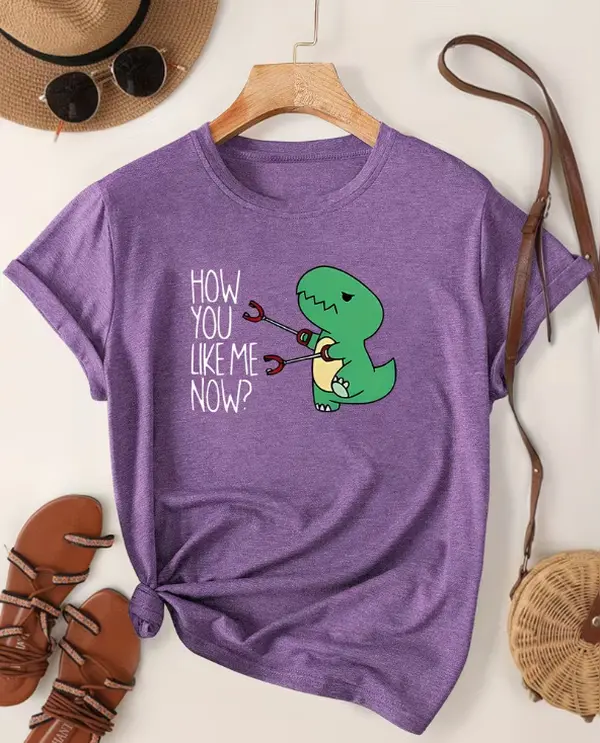 How You Like Me Now Funny Cute Dinosaur Grabber Print Heather Purple Crew Neck Casual Short Sleeve Graphic T-Shirt