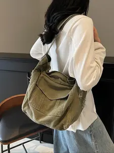 Unisex Canvas Shoulder Bag Crossbody Large Capacity Fashion Tote Simple Casual Commuter Backpack, Stylish Plain Design for Daily Use, Casual Lightweight Bag