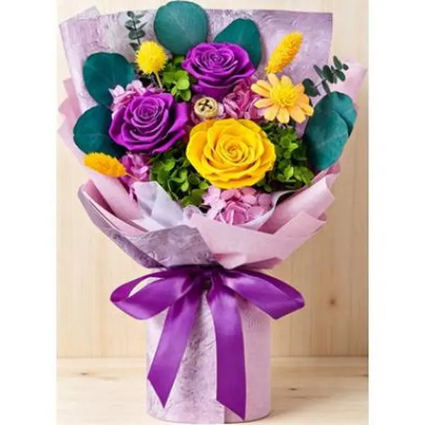 Preserved Purple Rose Bouquet with Decor Gift Box - Reusable, All-Seasons Home Decor Floral Arrangement, 1-Year Life Prime Delivery Gifts for Women (Birthday, Anniversary)