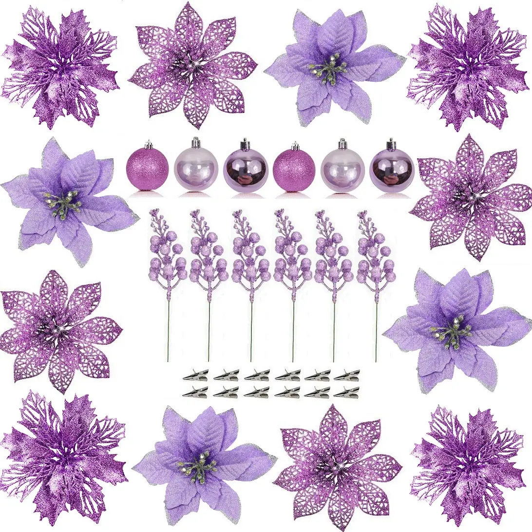 24pcs Christmas Poinsettia Flowers Decor Set, Artificial Christmas Flowers, Glitter Berries Stems, Christmas Balls, Silvery Clip, Decorative Flowers Ornaments, Xmas Tree Ornaments, Home Decor, Holiday Decorations, violet