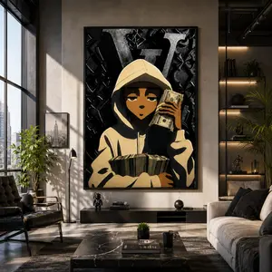 The Boondocks Riley Freeman Money Canvas Poster - Trendy Black Anime Aesthetic Wall Art with Cash Stacks, Perfect for Hip Hop & Urban Bedroom Decor