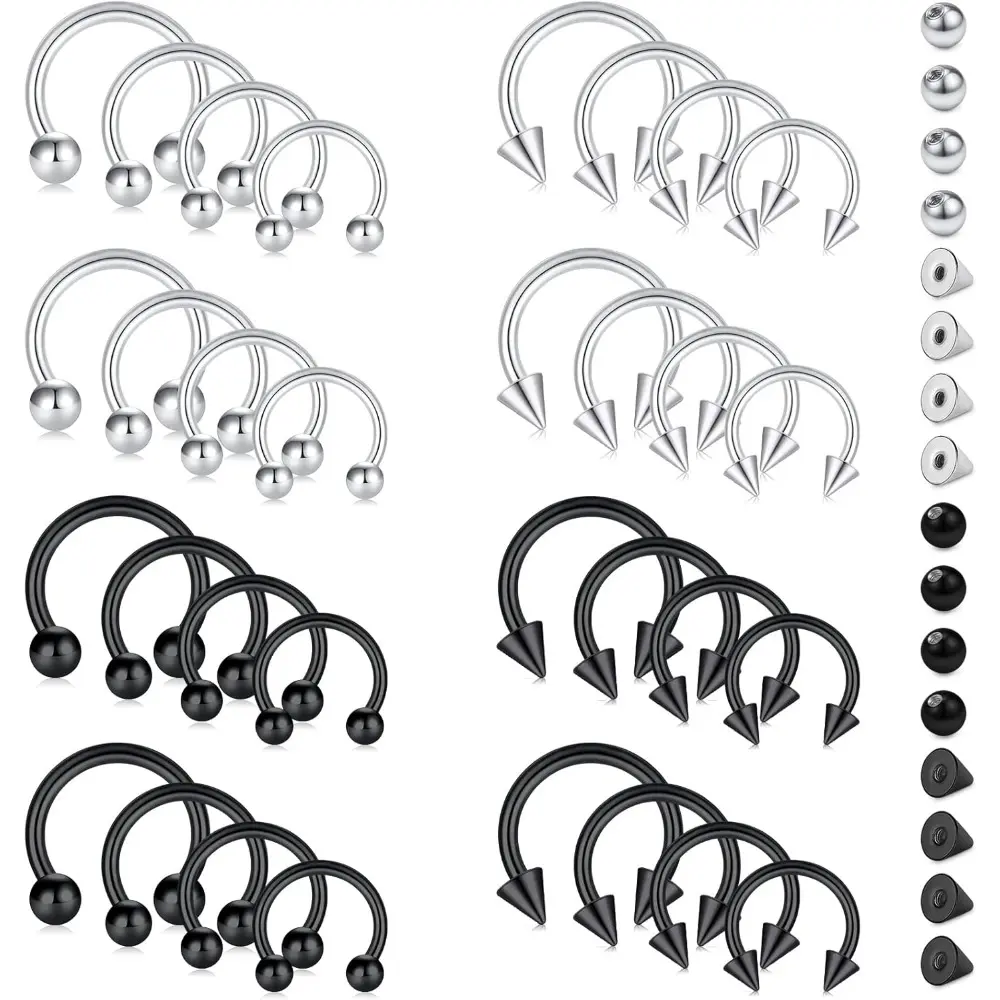 48-Piece 16G Solid Metal Horseshoe Piercing Jewelry Set, Hypoallergenic Stainless Steel Simple Hoops for Male & Female Nose Rings Set, Multi-Size for Lip, Tragus, Septum Jewelry, Unisex Wear, Septum Piercing, Hoop Nose Rings, Unisex Set