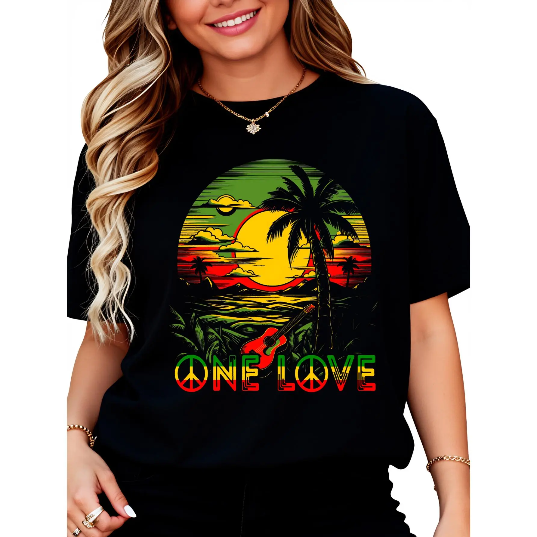 100% Cotton Unisex Reggae Music Guitar Rasta Pride Jamaica Rasta Reggae Sunset T-Shirt Fit Smooth